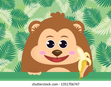 Cheerful monkey holding a banana in his hand on a background of green leaves. Album cover, banner, leaflet, poster, background in hand-drawn style-Vector