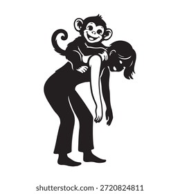 A cheerful monkey joyfully rides on a woman’s back, capturing a playful and lighthearted interaction. The scene reflects fun, companionship, humor and the charming energy of a carefree, happy moment.