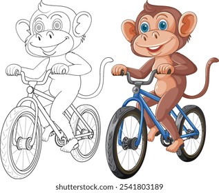 Cheerful monkey riding a blue bicycle happily