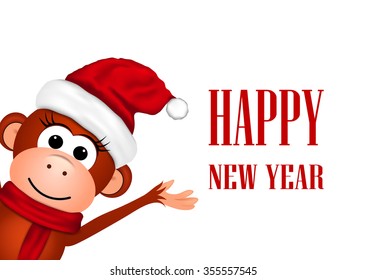 Cheerful monkey in Santa hat on a white background