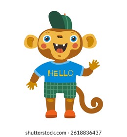 Um macaco alegre de shorts, uma camiseta e um boné sobre um fundo branco
