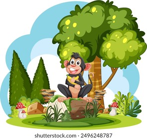 A cheerful monkey sitting in a forest