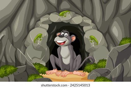 A cheerful monkey sitting inside a rocky cave