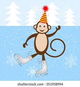 Cheerful monkey skate on the ice, vector illustration