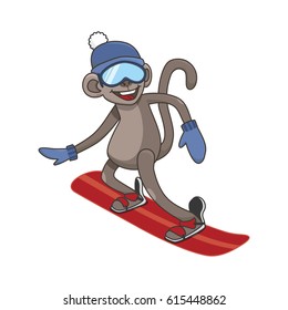 Cheerful Monkey Snowboarding. Animal On White Background. Vector Illustration