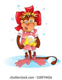 Cheerful monkey winks at you and throws a snowball.Vector