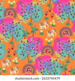 Cheerful monkeys, cute elephants, butterflies, peacocks among flowering trees and palms on orange background. Seamless pattern in vector. Animal and natural print for fabric. Indian, Thai motifs.