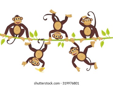 Cheerful monkeys frolic on a vine