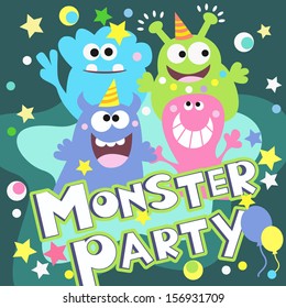 Cheerful monster party poster vector illustration design