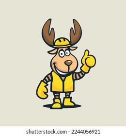 
A cheerful moose is in construction gear: hard hat, boots, saftey vest and gloves. Vector character