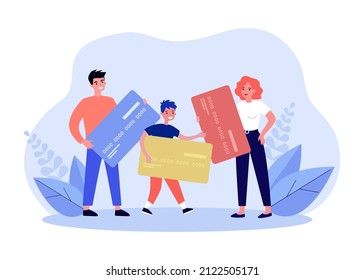 Cheerful mother, father and son holding big credit cards. Man, woman and boy with personal money flat vector illustration. Family, budget, finances concept for banner, website design or landing page