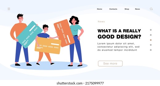 Cheerful mother, father and son holding big credit cards. Man, woman and boy with personal money flat vector illustration. Family, budget, finances concept for banner, website design or landing page