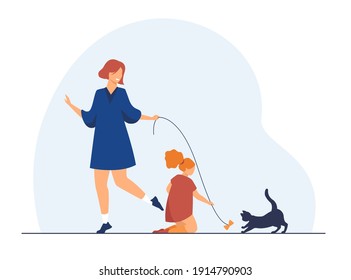 Cheerful mother and girl playing with cat. Fun, predator, kitten flat vector illustration. Domestic animals and pets concept for banner, website design or landing web page