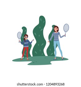 Cheerful mother and her daughter playing badminton in park. Active lifestyle. Outdoor activity. Flat vector illustration