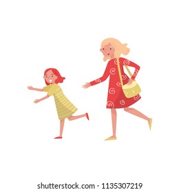 Cheerful mother and her daughter in running action. Young woman and little girl. Motherhood theme. Flat vector design