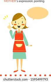 cheerful mother introducing or showing something 