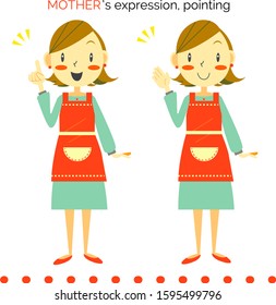 cheerful mother introducing or showing something 