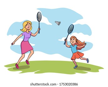 Cheerful mother playing tennis with daughter in city park outdoor.Vector happy parenthood and childhood, parents and children playing, spend time together concept. Cartoon flat character design