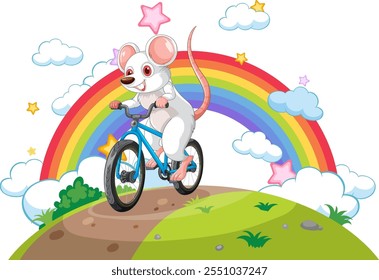 A cheerful mouse cycling beneath a colorful rainbow