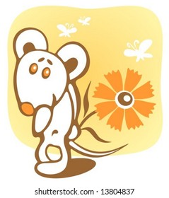 Cheerful mouse and flower on a yellow background.