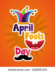 cheerful mouth mustache and hat april fools day lettering text