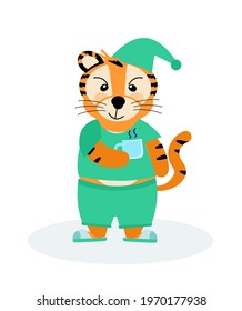 A cheerful m-striped tiger in pajamas and slippers with a mug, the symbol of 2022. Vector illustration isolated on a white background drawn by hand. For printing children's T-shirts, postcards, poster