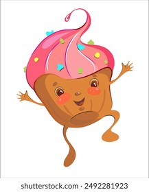 A cheerful muffin, a cake with icing, a cartoon character for children and holidays, pastry shops and bakeries. A color vector.