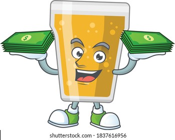 A cheerful mug of beer cartoon mascot design having some money on hands. Vector illustration