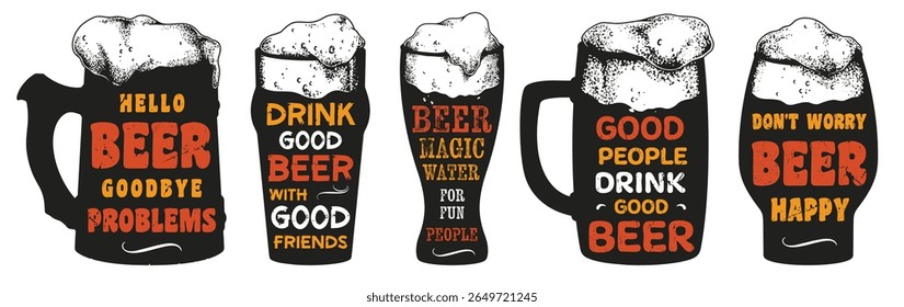 Cheerful mugs with frothy beer display various messages about friendship and enjoyment. Perfect for encouraging fun times and sharing great moments with good company.