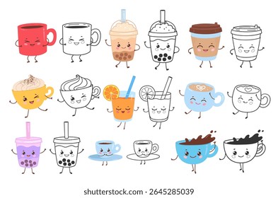 Cheerful mugs, glasses, and bubble tea cups in color with matching outline versions. Each cup is smiling and dancing.
