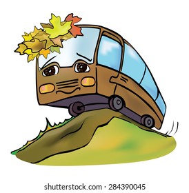 cheerful multicolored bus travels autumn clear day