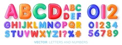 Alegre, Multicolor, Brillante, Alfabeto Infantil. Cartas Y Números En 3d De Colores. Ilustración Del Vector
