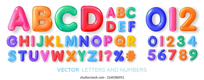Cheerful, multi-colored, glossy, children's alphabet. Colored 3d letters and numbers. Vector illustration