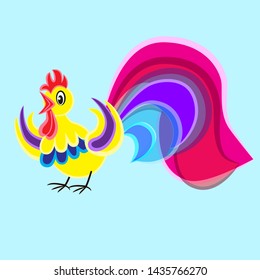 Cheerful multi-colored rooster with big tail crows loudly.