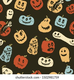 Cheerful multi-colored seamless pattern for Halloween. Funny pumpkin lanterns drawn by hand in chalk. Vector illustration in vintage style.