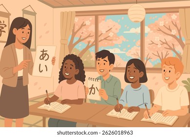 Cheerful multicultural classroom during Japanese language lesson. Smiling teacher showing hiragana characters to students. Simple flat vector illustration, perfect for language school adverts
