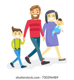 Cheerful multiethnic family walking and having fun together. Young smiling Asian mother and Caucasian white father with happy biracial kids strolling and laughing. Vector isolated cartoon illustration