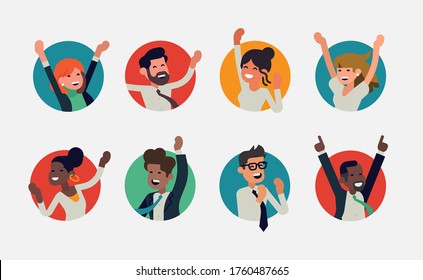Cheerful multinational and multiracial business professionals celebrating icons.  Diverse group of business colleagues popping out of round shaped frames and windows. Flat vector winning characters