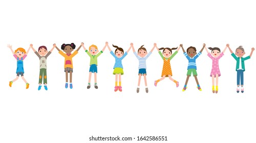 Cheerful multiracial kids jumping. Vector material