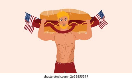 Cheerful muscular man lifting giant hotdog with two American flags in hands