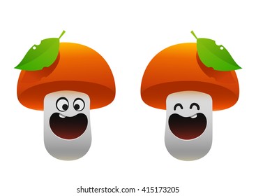 cheerful mushroom smiling two types and leaf