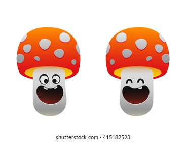 cheerful mushroom smiling two types red white
