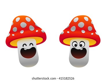 cheerful mushroom smiling two types red and white fun