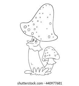 Cheerful mushroom. Vector character flat. Coloring book
