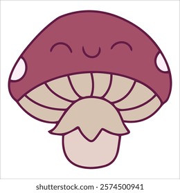 A cheerful mushroom with a wide, happy smile, featuring a red cap with white dots. Drawn in a simple and endearing cartoon style