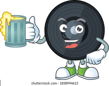 A cheerful music viynl disc cartoon mascot style toast with a glass of beer. Vector illustration