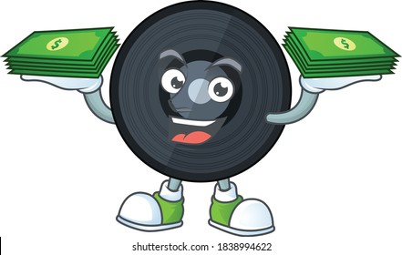 A cheerful music viynl disc cartoon mascot design having some money on hands. Vector illustration