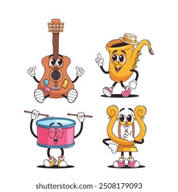 Cheerful Musical Instruments Cartoon Characters With Expressive Faces In Retro Style. Vector Illustration