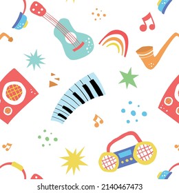 Cheerful musical instruments. Scandinavian style illustration. Childish pattern for fabrics, wrapping, textiles, wallpaper, clothes. vector.