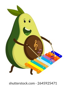 Cheerful musician avocado fruit plays a musical melody with wooden sticks on the keys of a children xylophone. Cartoon vector isolated on white background